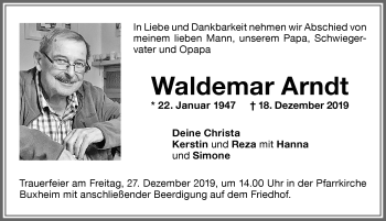 Traueranzeige von Waldemar Arndt von Memminger Zeitung