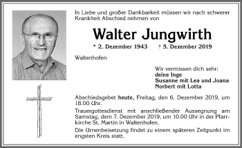 Traueranzeige von Walter Jungwirth von Allgäuer Zeitung,Kempten