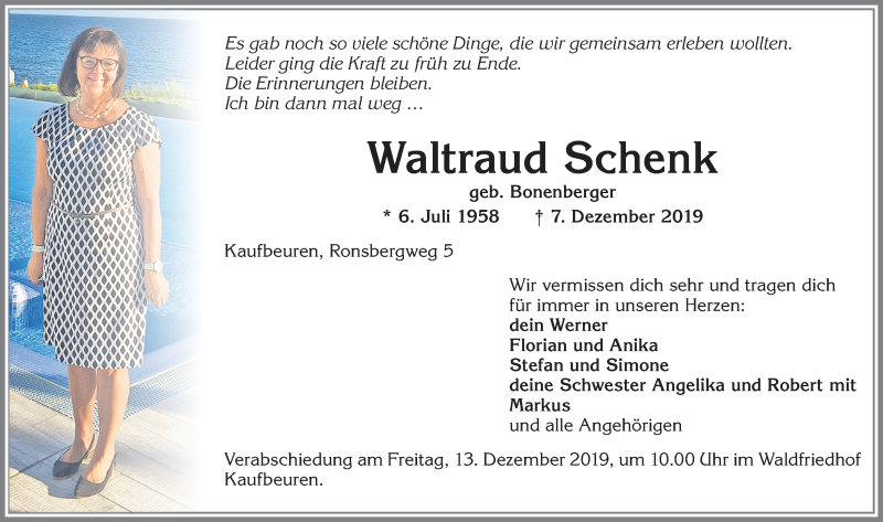  Traueranzeige für Waltraud Schenk vom 11.12.2019 aus Allgäuer Zeitung, Kaufbeuren/Buchloe