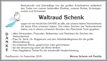 Traueranzeige von Waltraud Schenk von Allgäuer Zeitung, Kaufbeuren/Buchloe