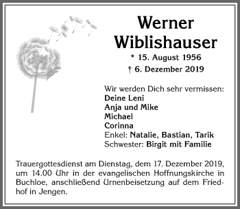 Traueranzeige von Werner Wiblishauser von Allgäuer Zeitung, Kaufbeuren/Buchloe