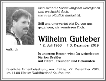 Traueranzeige von Wilhelm Gutleber von Allgäuer Zeitung, Kaufbeuren/Buchloe