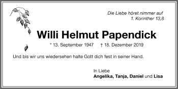 Traueranzeige von Willi Helmut Papendick von Memminger Zeitung