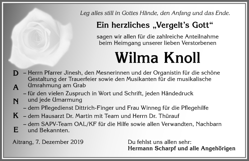  Traueranzeige für Wilma Knoll vom 07.12.2019 aus Allgäuer Zeitung, Marktoberdorf
