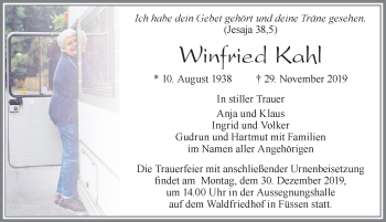 Traueranzeige von Winfried Kahl von Allgäuer Zeitung, Füssen