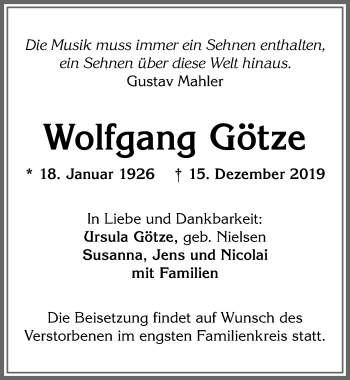 Traueranzeige von Wolfgang Götze von Allgäuer Zeitung,Kempten