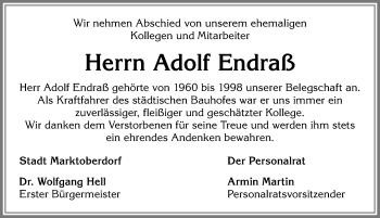 Traueranzeige von Adolf Endraß von Allgäuer Zeitung, Marktoberdorf