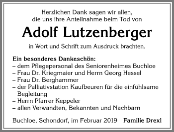 Traueranzeige von Adolf Lutzenberger von Allgäuer Zeitung, Kaufbeuren/Buchloe