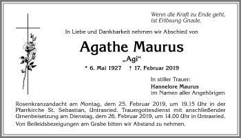 Traueranzeige von Agathe Maurus von Allgäuer Zeitung, Marktoberdorf