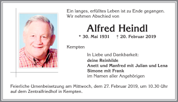 Traueranzeige von Alfred Heindl von Allgäuer Zeitung,Kempten