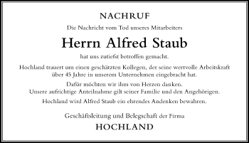 Traueranzeige von Alfred Staub von Der Westallgäuer