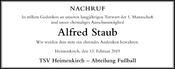 Traueranzeige von Alfred Staub von Der Westallgäuer