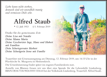 Traueranzeige von Alfred Staub von Der Westallgäuer