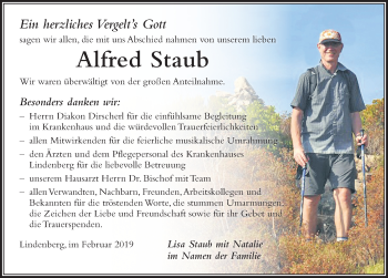 Traueranzeige von Alfred Staub von Der Westallgäuer