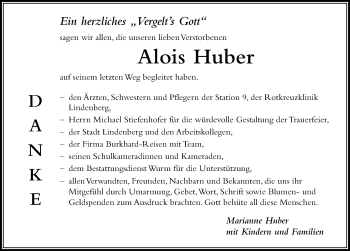 Traueranzeige von Alois Huber von Der Westallgäuer
