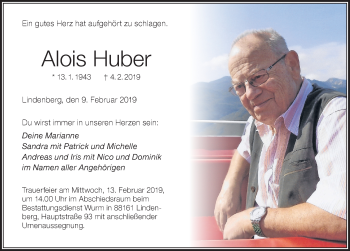 Traueranzeige von Alois Huber von Der Westallgäuer