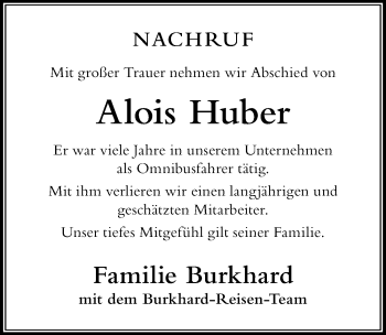 Traueranzeige von Alois Huber von Der Westallgäuer