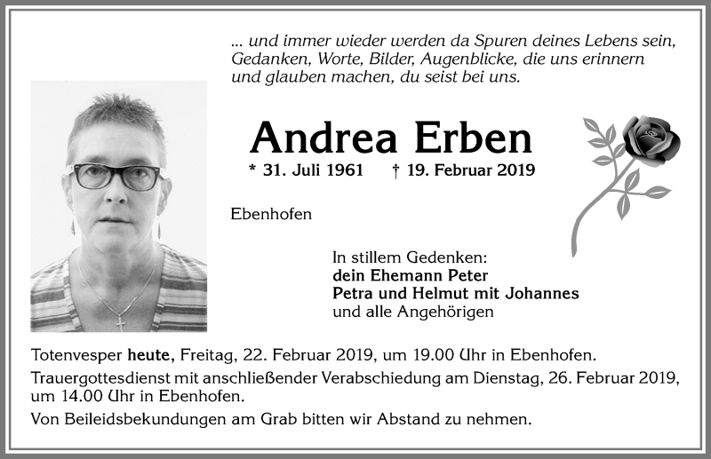  Traueranzeige für Andrea Erben vom 22.02.2019 aus Allgäuer Zeitung, Marktoberdorf