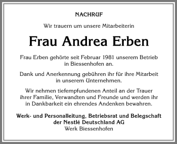 Traueranzeige von Andrea Erben von Allgäuer Zeitung