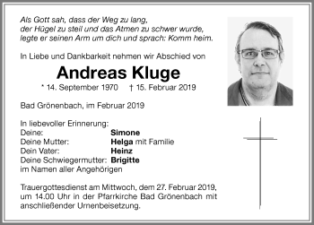 Traueranzeige von Andreas Kluge von Memminger Zeitung
