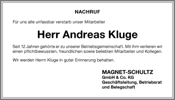 Traueranzeige von Andreas Kluge von Memminger Zeitung