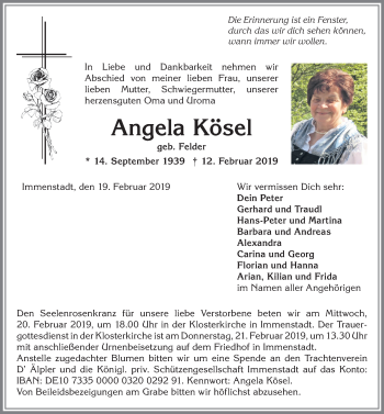 Traueranzeige von Angela Kösel von Allgäuer Anzeigeblatt