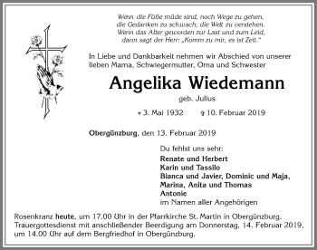 Traueranzeige von Angelika Wiedemann von Allgäuer Zeitung, Marktoberdorf