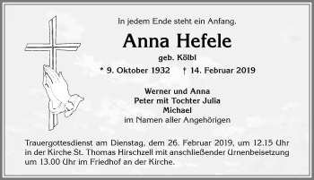 Traueranzeige von Anna Hefele von Allgäuer Zeitung, Kaufbeuren/Buchloe
