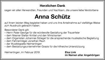 Traueranzeige von Anna Schütz von Memminger Zeitung