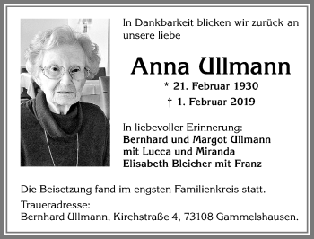 Traueranzeige von Anna Ullmann von Allgäuer Zeitung, Füssen