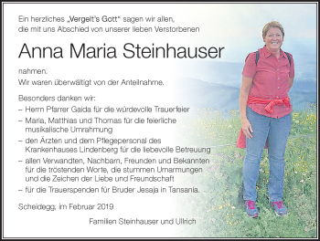 Traueranzeige von Anna Maria Steinhauser von Der Westallgäuer