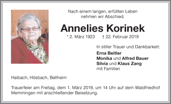 Traueranzeige von Annelies Korinek von Memminger Zeitung