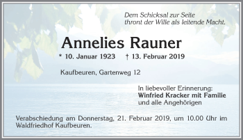 Traueranzeige von Annelies Rauner von Allgäuer Zeitung, Kaufbeuren/Buchloe