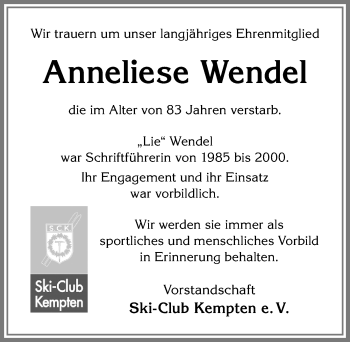 Traueranzeige von Anneliese Wendel von Allgäuer Zeitung,Kempten
