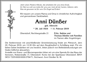 Traueranzeige von Anni Dünßer von Allgäuer Anzeigeblatt