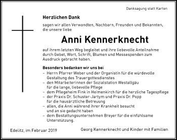 Traueranzeige von Anni Kennerknecht von Der Westallgäuer