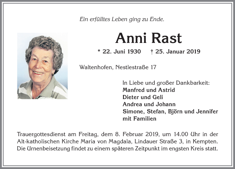  Traueranzeige für Anni Rast vom 05.02.2019 aus Allgäuer Zeitung,Kempten