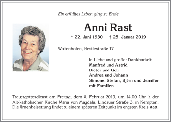Traueranzeige von Anni Rast von Allgäuer Zeitung,Kempten