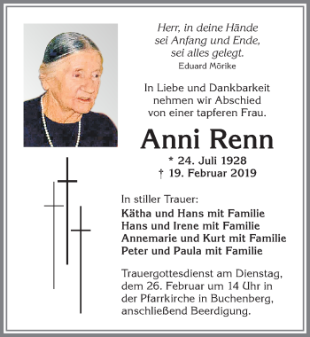 Traueranzeige von Anni Renn von Allgäuer Zeitung,Kempten