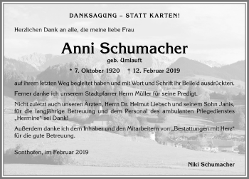 Traueranzeige von Anni Schumacher von Allgäuer Anzeigeblatt