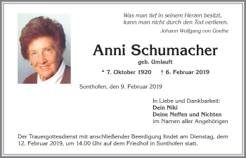Traueranzeige von Anni Schumacher von Allgäuer Anzeigeblatt