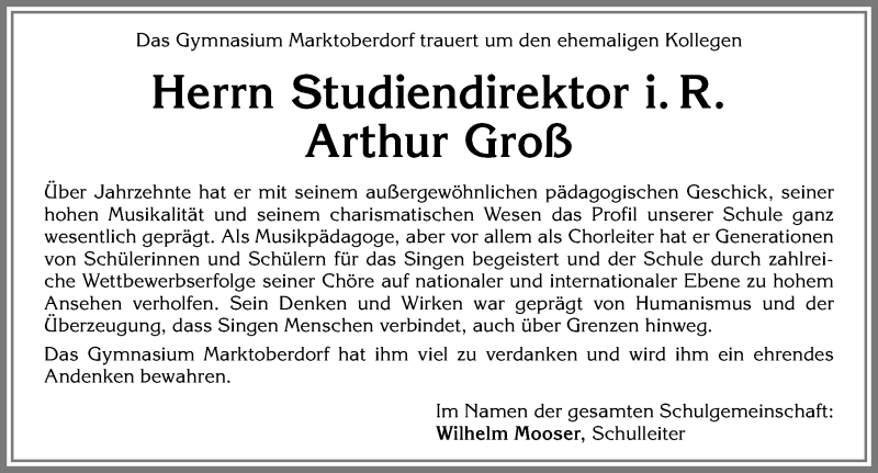  Traueranzeige für Arthur Groß vom 06.02.2019 aus Allgäuer Zeitung, Marktoberdorf