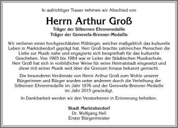 Traueranzeige von Arthur Groß von Allgäuer Zeitung, Marktoberdorf