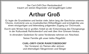Traueranzeige von Arthur Groß von Allgäuer Zeitung, Marktoberdorf