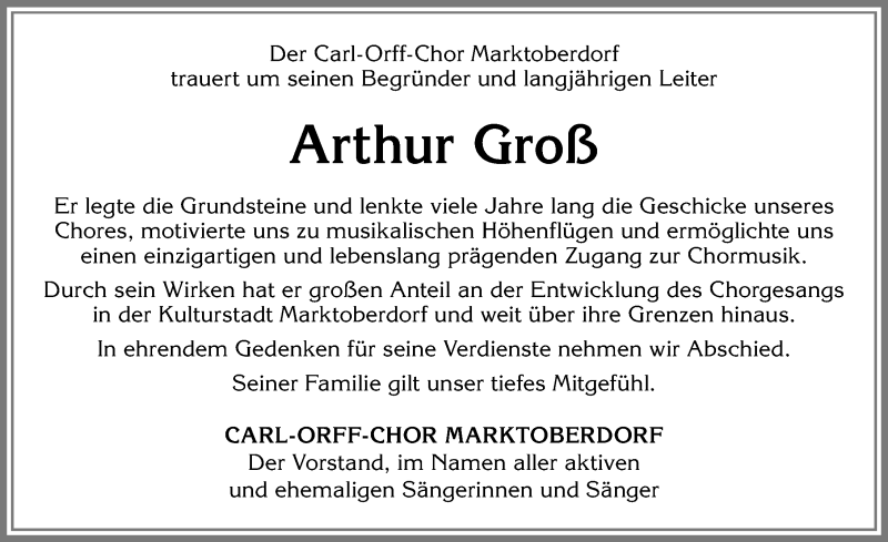  Traueranzeige für Arthur Groß vom 06.02.2019 aus Allgäuer Zeitung, Marktoberdorf
