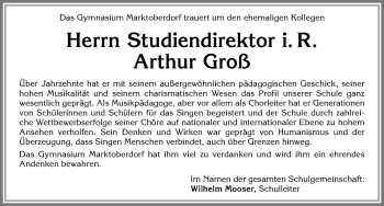 Traueranzeige von Arthur Groß von Allgäuer Zeitung, Marktoberdorf