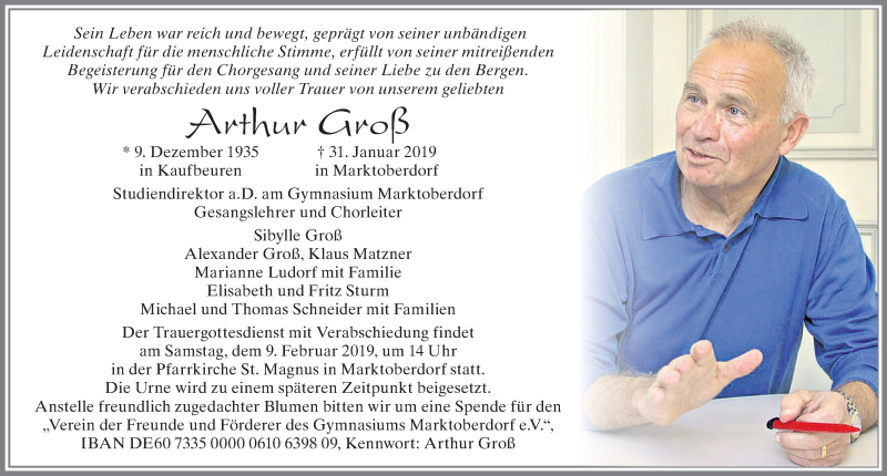  Traueranzeige für Arthur Groß vom 06.02.2019 aus Allgäuer Zeitung