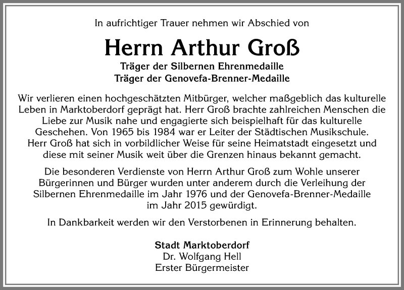  Traueranzeige für Arthur Groß vom 06.02.2019 aus Allgäuer Zeitung, Marktoberdorf