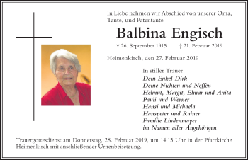 Traueranzeige von Balbina Engisch von Der Westallgäuer