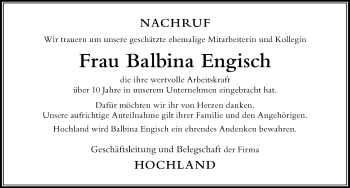 Traueranzeige von Balbina Engisch von Der Westallgäuer